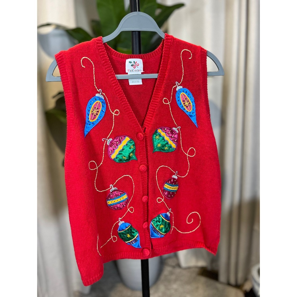 NutCracker Red Christmas Ornament Embroidered Button Front Sweater Vest Womens